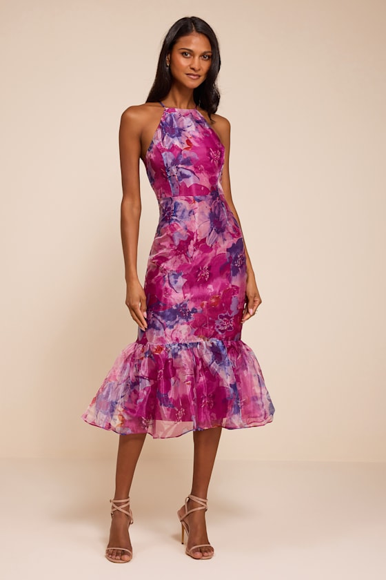 Admirable Essence Magenta Floral Organza Trumpet Midi Dress