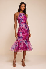 Admirable Essence Magenta Floral Organza Trumpet Midi Dress