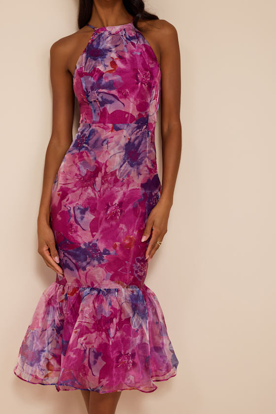Admirable Essence Magenta Floral Organza Trumpet Midi Dress