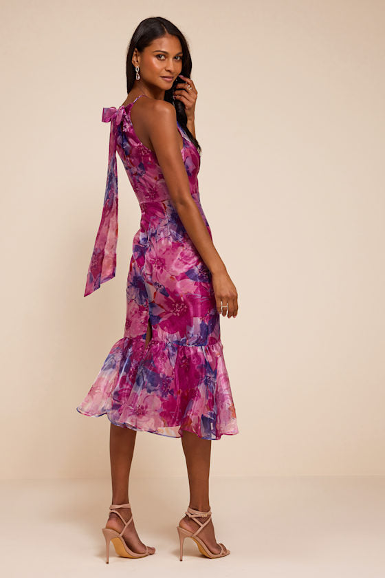 Admirable Essence Magenta Floral Organza Trumpet Midi Dress