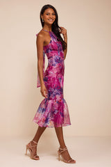 Admirable Essence Magenta Floral Organza Trumpet Midi Dress
