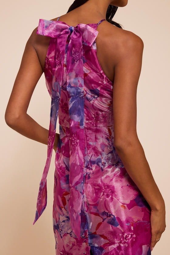 Admirable Essence Magenta Floral Organza Trumpet Midi Dress