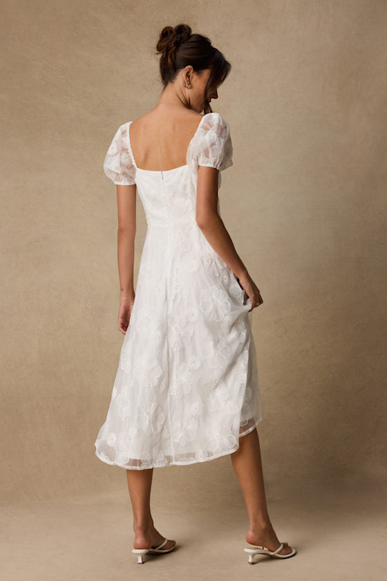 Sweetest Behavior White Embroidered Puff Sleeve Midi Dress