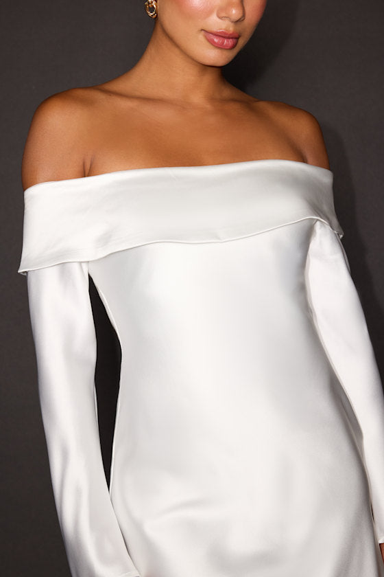 Luxurious Vision White Satin Off-the-Shoulder Mini Dress