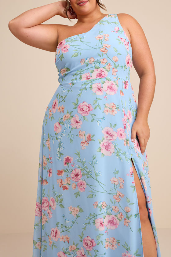 Elegant Admiration Light Blue Floral One-Shoulder Maxi Dress