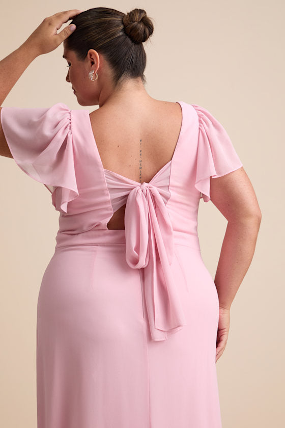 Simply Delightful Pink Tie-Back Flutter Sleeve Maxi Dress