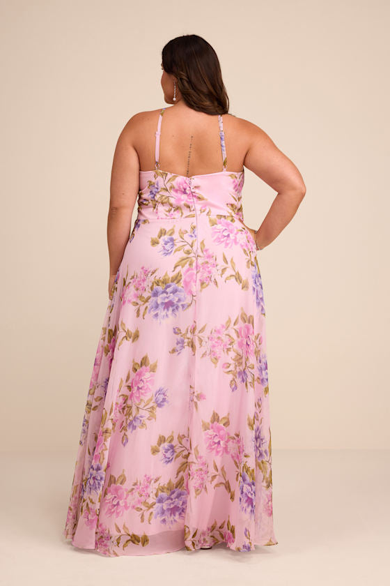 Romantic Marvel Light Pink Floral Print Halter Neck Maxi Dress