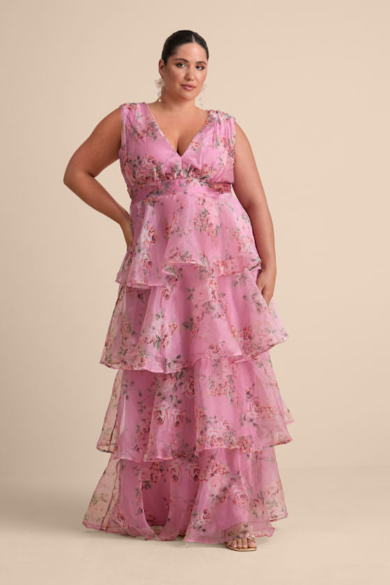 Garden Radiance Pink Floral Print Organza Tiered Maxi Dress