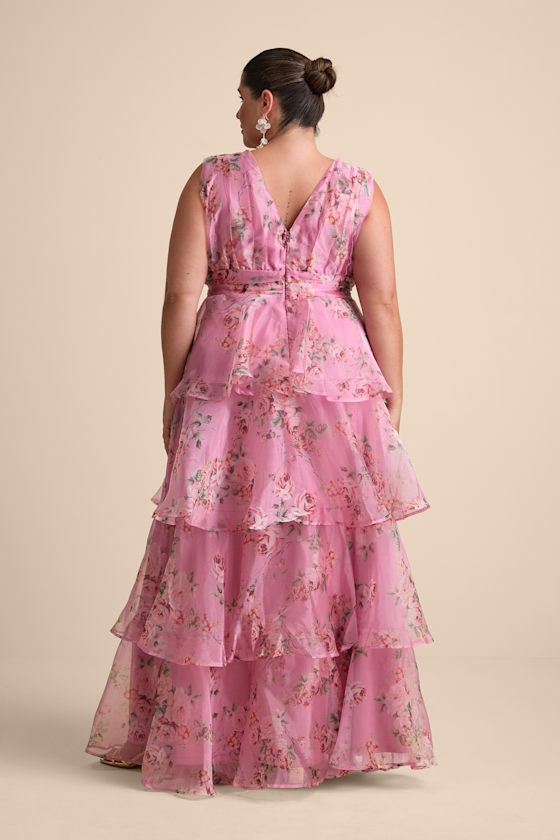 Garden Radiance Pink Floral Print Organza Tiered Maxi Dress