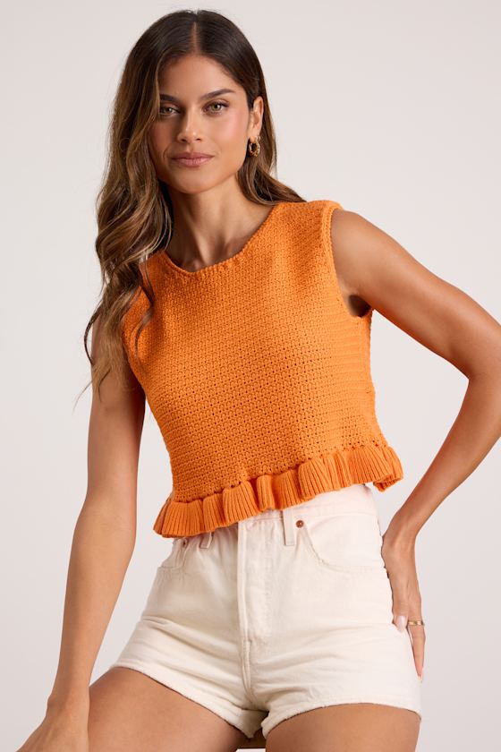 Flouncin' Around Orange Cropped Ruffled Sweater Tank
