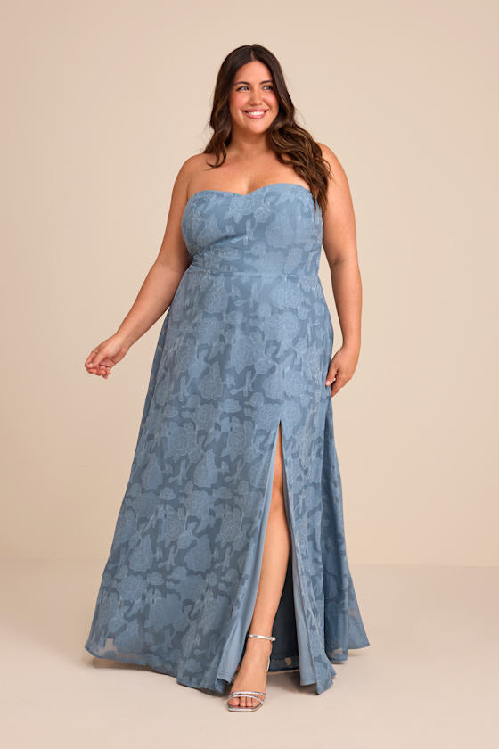 Garden of Romance Dusty Blue Floral Burnout Strapless Maxi Dress