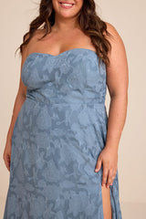Garden of Romance Dusty Blue Floral Burnout Strapless Maxi Dress