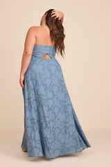 Garden of Romance Dusty Blue Floral Burnout Strapless Maxi Dress