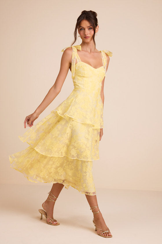 Glamorous Sweetie Yellow Burnout Tie-Strap Bustier Midi Dress