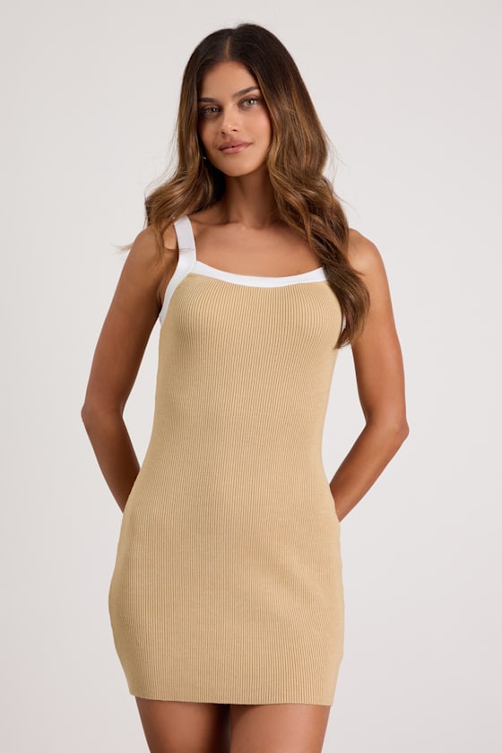 Effortless Influence Tan Ribbed Color Block Mini Sweater Dress
