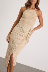 Blissful Strolls Beige Crochet Faux-Wrap Halter Midi Dress