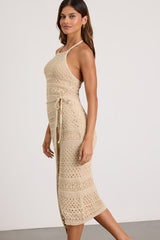Blissful Strolls Beige Crochet Faux-Wrap Halter Midi Dress