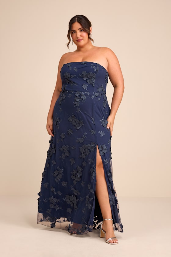 Rare Presence Navy Blue 3D Floral Embroidered Maxi Dress