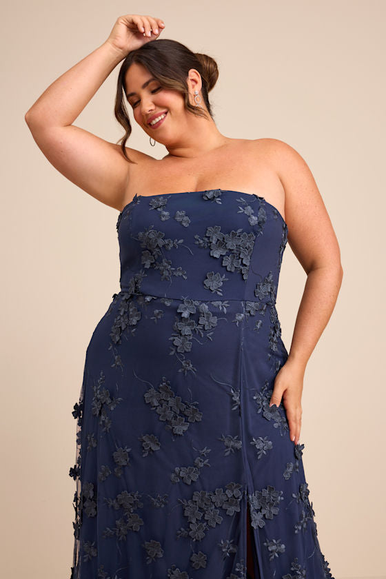 Rare Presence Navy Blue 3D Floral Embroidered Maxi Dress