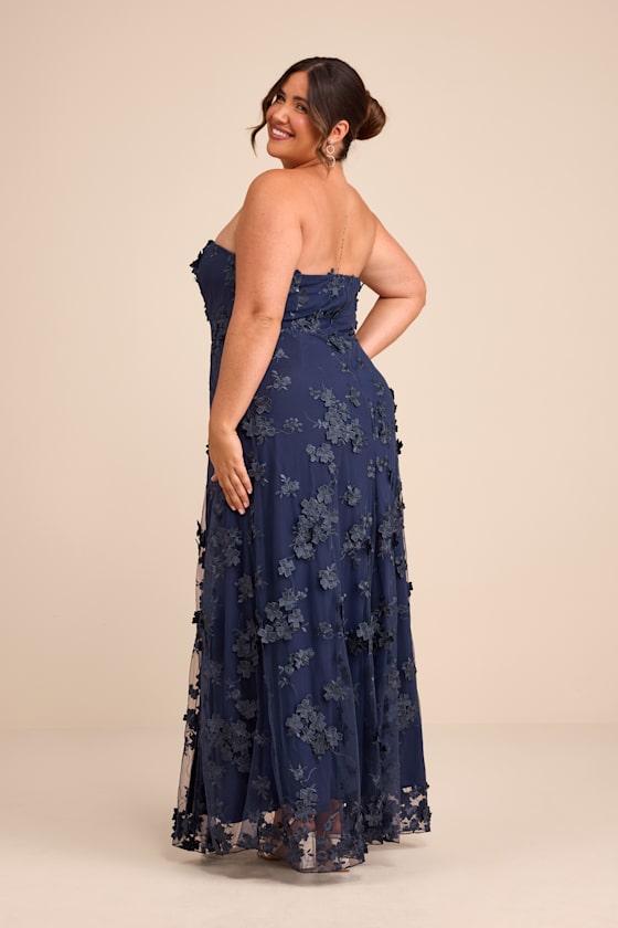 Rare Presence Navy Blue 3D Floral Embroidered Maxi Dress