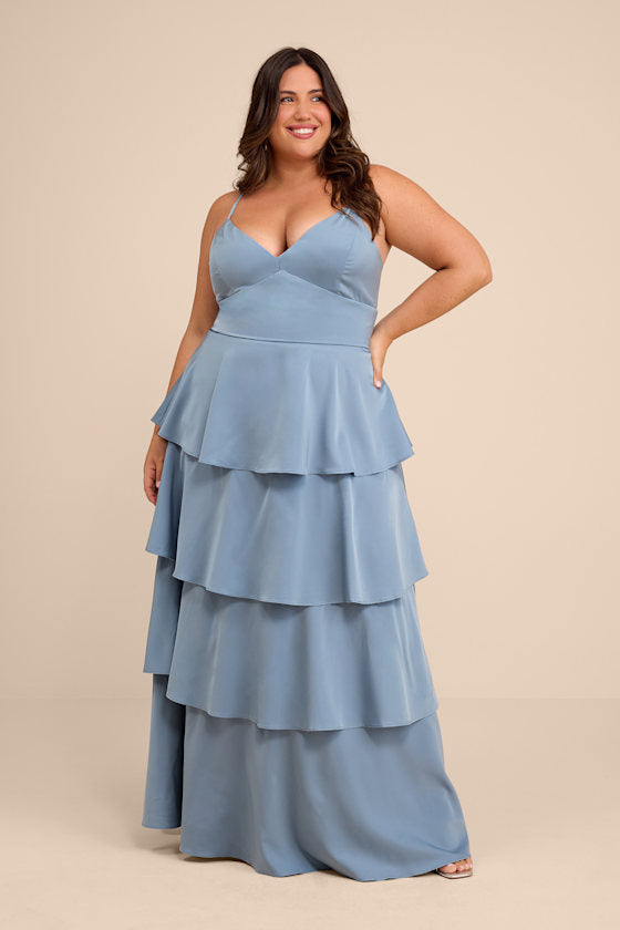 Going with Elegance Slate Blue Satin Tiered Gown