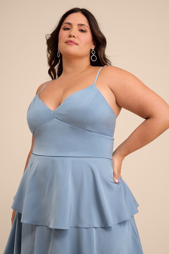 Going with Elegance Slate Blue Satin Tiered Gown