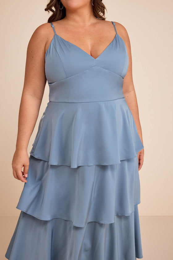 Going with Elegance Slate Blue Satin Tiered Gown