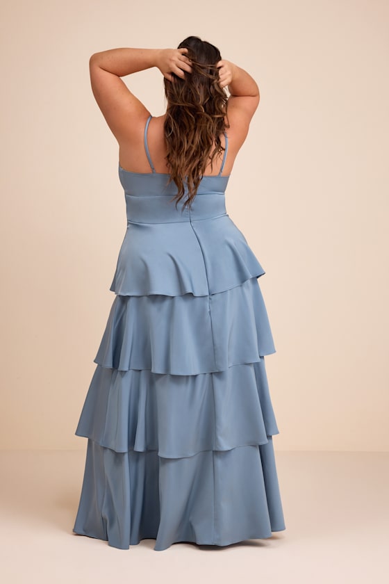 Going with Elegance Slate Blue Satin Tiered Gown