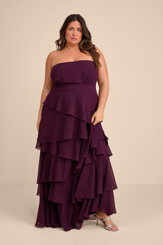 Gorgeous Essence Dark Purple Strapless Tiered Maxi Dress