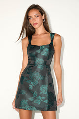 Brighter Side Black and Green Floral Satin Jacquard Mini Dress