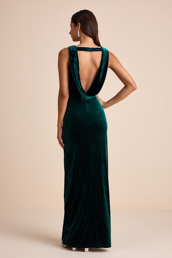 Enhanced Aura Emerald Green Velvet Cowl-Back Maxi Dress