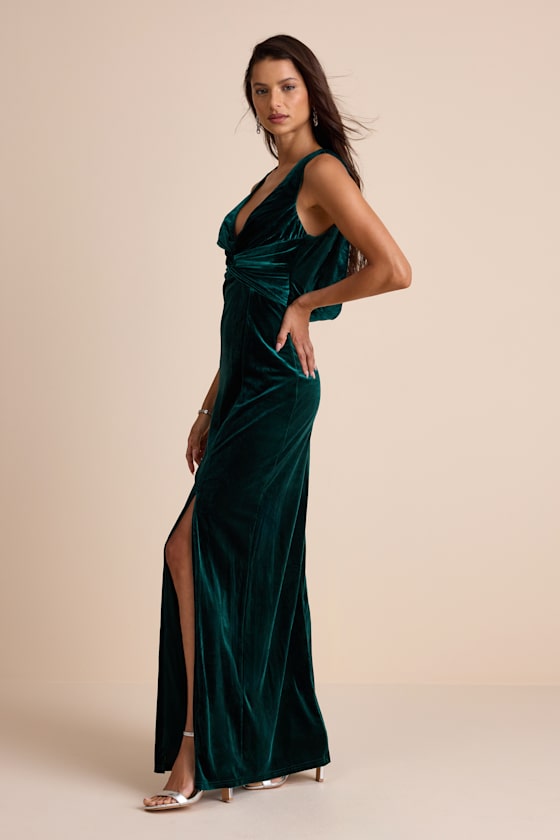 Enhanced Aura Emerald Green Velvet Cowl-Back Maxi Dress