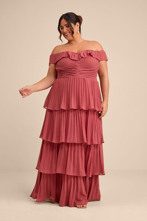 Always Remarkable Rusty Rose Pleated Off-the-Shoulder Maxi Dress