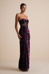 Breathtaking View Black Mesh Burnout Velvet Strapless Maxi Dress
