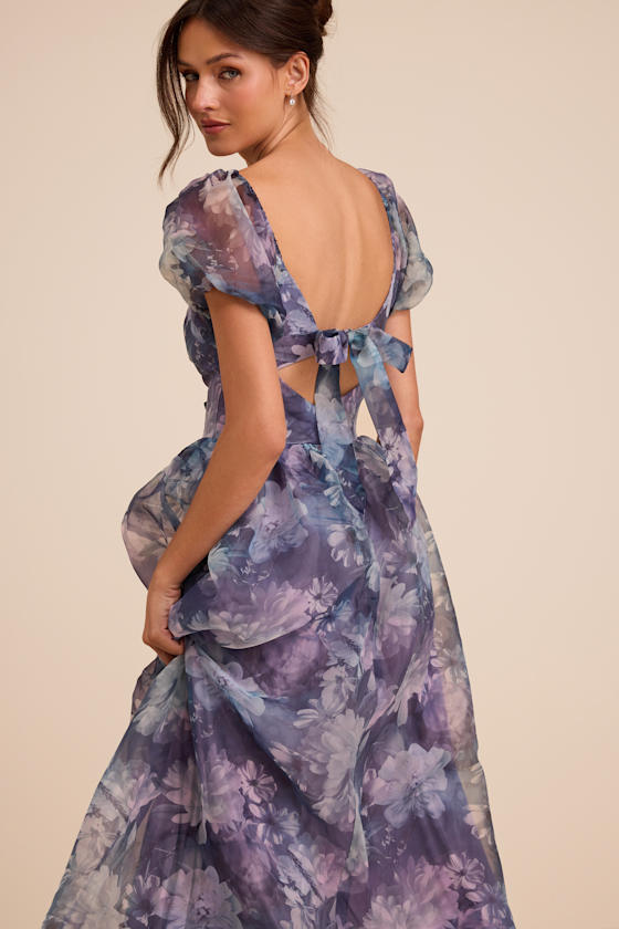 Lovely Statement Purple Floral Organza Tie-Back Midi Dress
