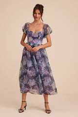 Lovely Statement Purple Floral Organza Tie-Back Midi Dress