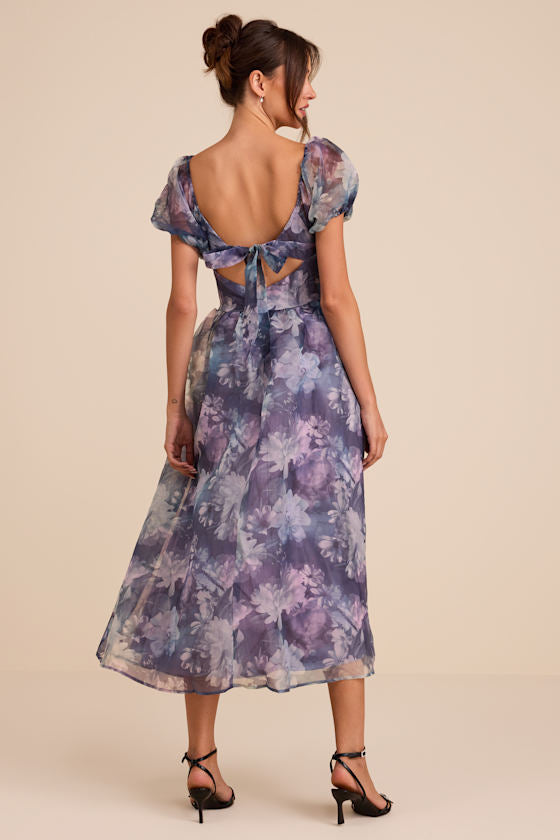 Lovely Statement Purple Floral Organza Tie-Back Midi Dress