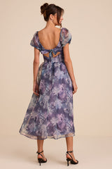 Lovely Statement Purple Floral Organza Tie-Back Midi Dress