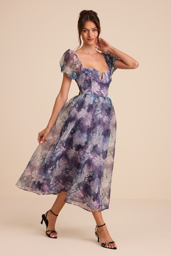 Lovely Statement Purple Floral Organza Tie-Back Midi Dress