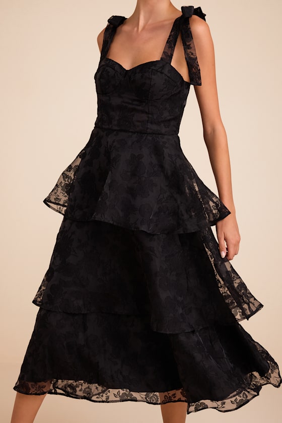 Glamorous Sweetie Black Burnout Tie-Strap Bustier Midi Dress