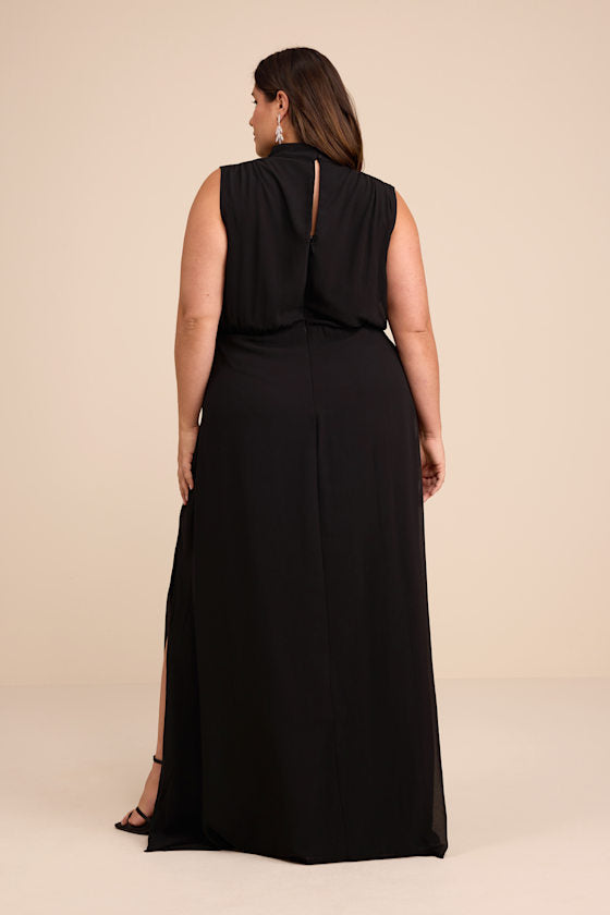 Classic Elegance Black Chiffon Sleeveless Mock Neck Maxi Dress