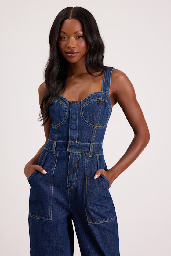 Fresh Perfection Dark Wash Bustier Sleeveless Denim Jumpsuit