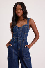 Fresh Perfection Dark Wash Bustier Sleeveless Denim Jumpsuit