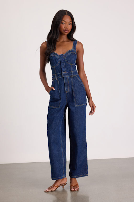 Fresh Perfection Dark Wash Bustier Sleeveless Denim Jumpsuit