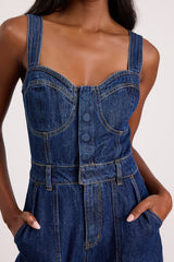 Fresh Perfection Dark Wash Bustier Sleeveless Denim Jumpsuit
