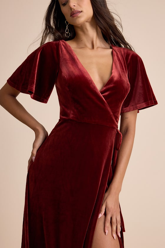 Defining Elegance Rust Red Velour Short Sleeve Wrap Maxi Dress