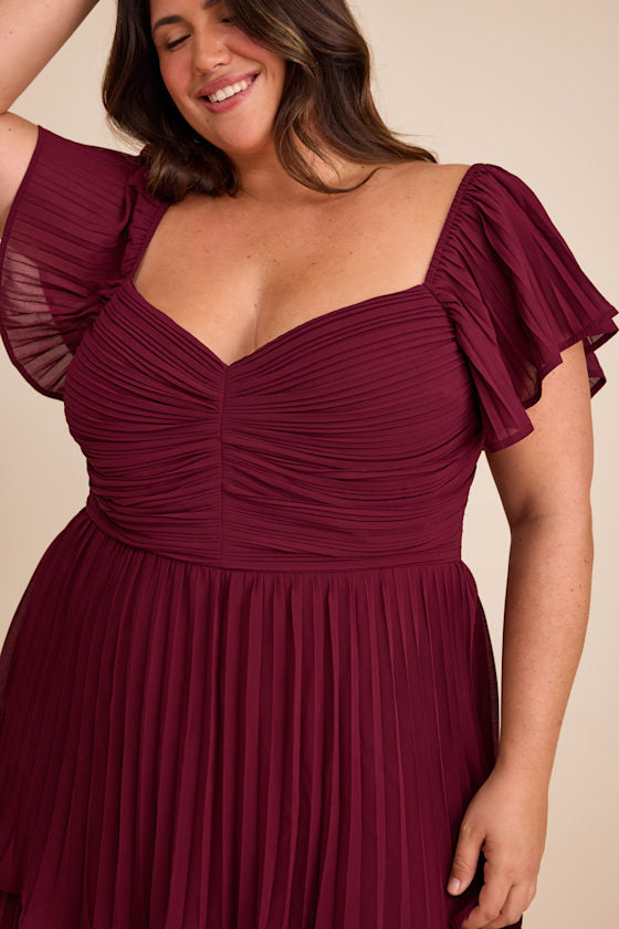 Notorious Charm Plum Purple Pleated Flutter Sleeve Maxi Dress