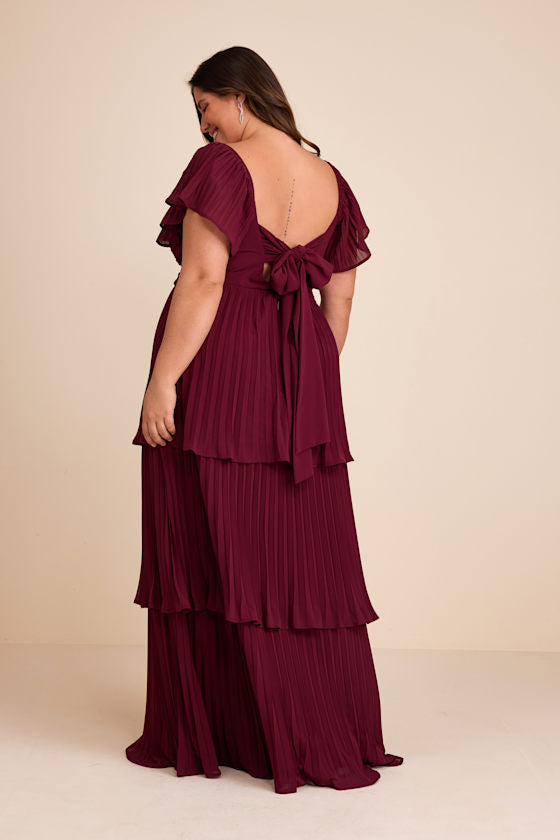 Notorious Charm Plum Purple Pleated Flutter Sleeve Maxi Dress