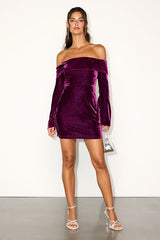 Alluring Glam Plum Velvet Off-the-Shoulder Mini Dress