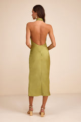 Beyond Classy Chartreuse Satin Halter Midi Dress